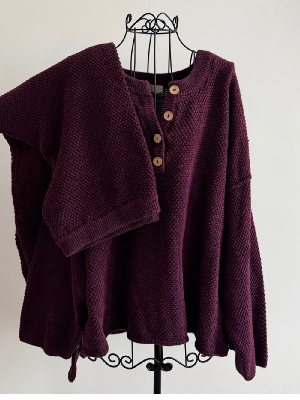Free People Deep Plum Textured Henley Sweater